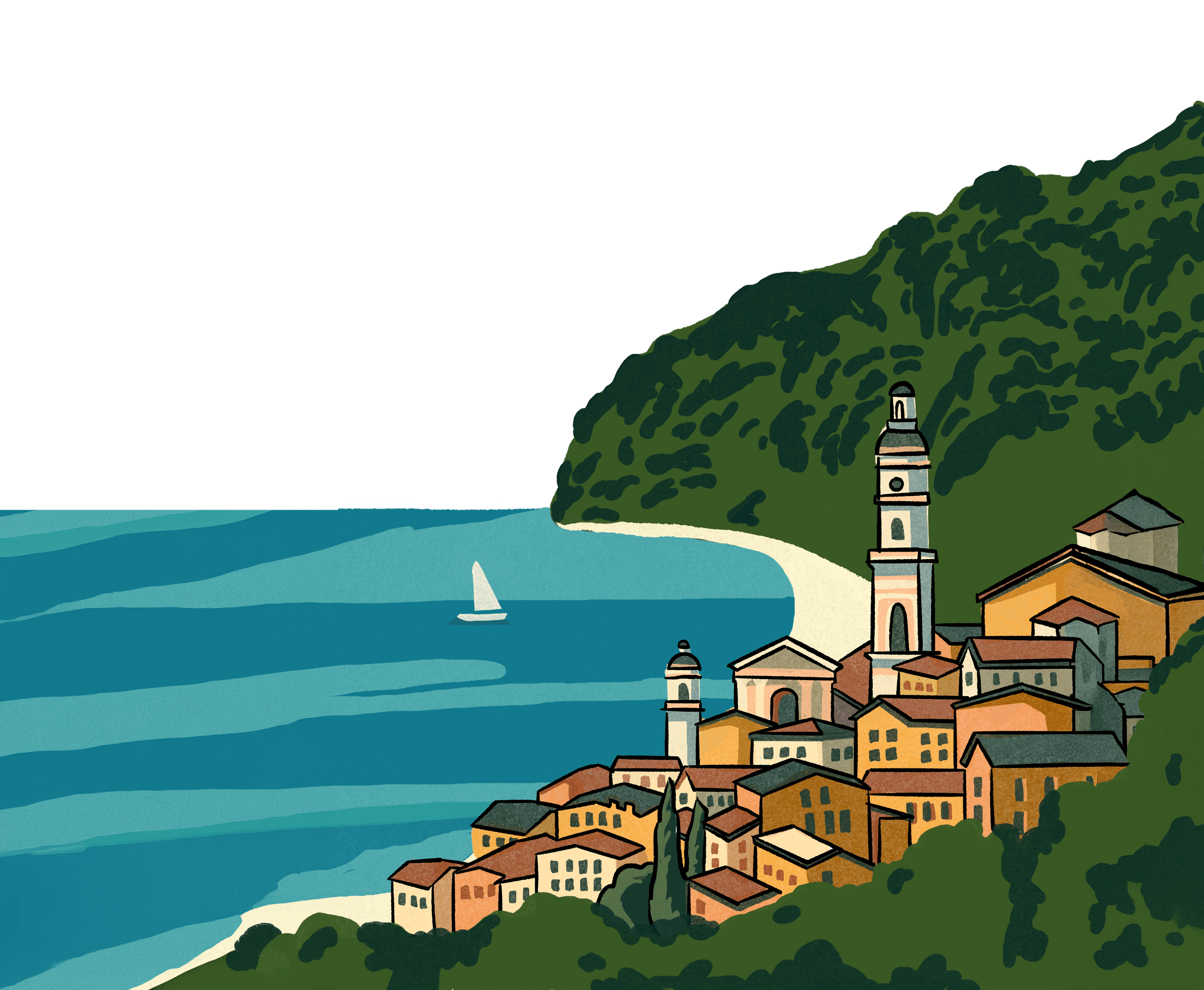 Illustrated Cannes coastline with town, sea, and cliffside